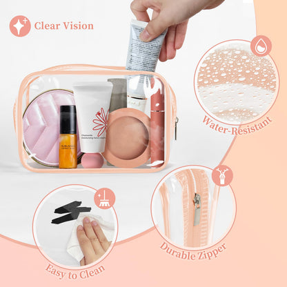 TISRATOK 12 PCS Clear Makeup Bag for Women with Zipper, TSA Approved Toiletry Pouch, Cosmetic Bag Bulk for Travel Organizer Essentials -Orange-pink, Small