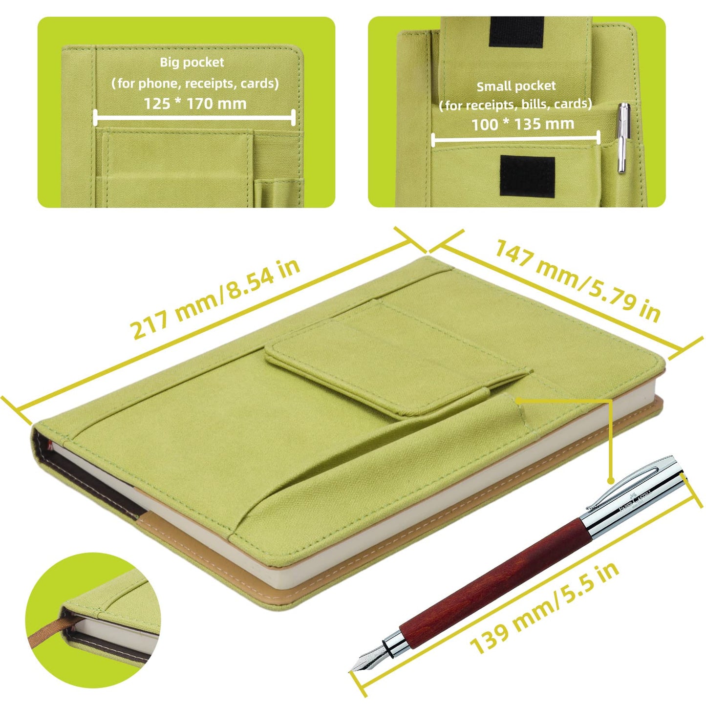 ADOUNOTES Refillable Lined PU Leather Journal Notebook, A5 Size Journal for Women Men,100gsm 200 Pages Thick Paper Notebooks with Pockets, Daily Premium Notebook for Note Taking, Meeting (green)