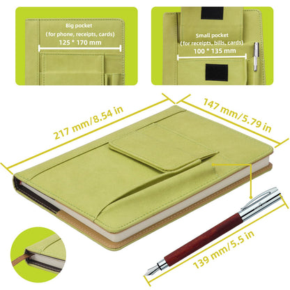 ADOUNOTES Refillable Lined PU Leather Journal Notebook, A5 Size Journal for Women Men,100gsm 200 Pages Thick Paper Notebooks with Pockets, Daily Premium Notebook for Note Taking, Meeting (green)