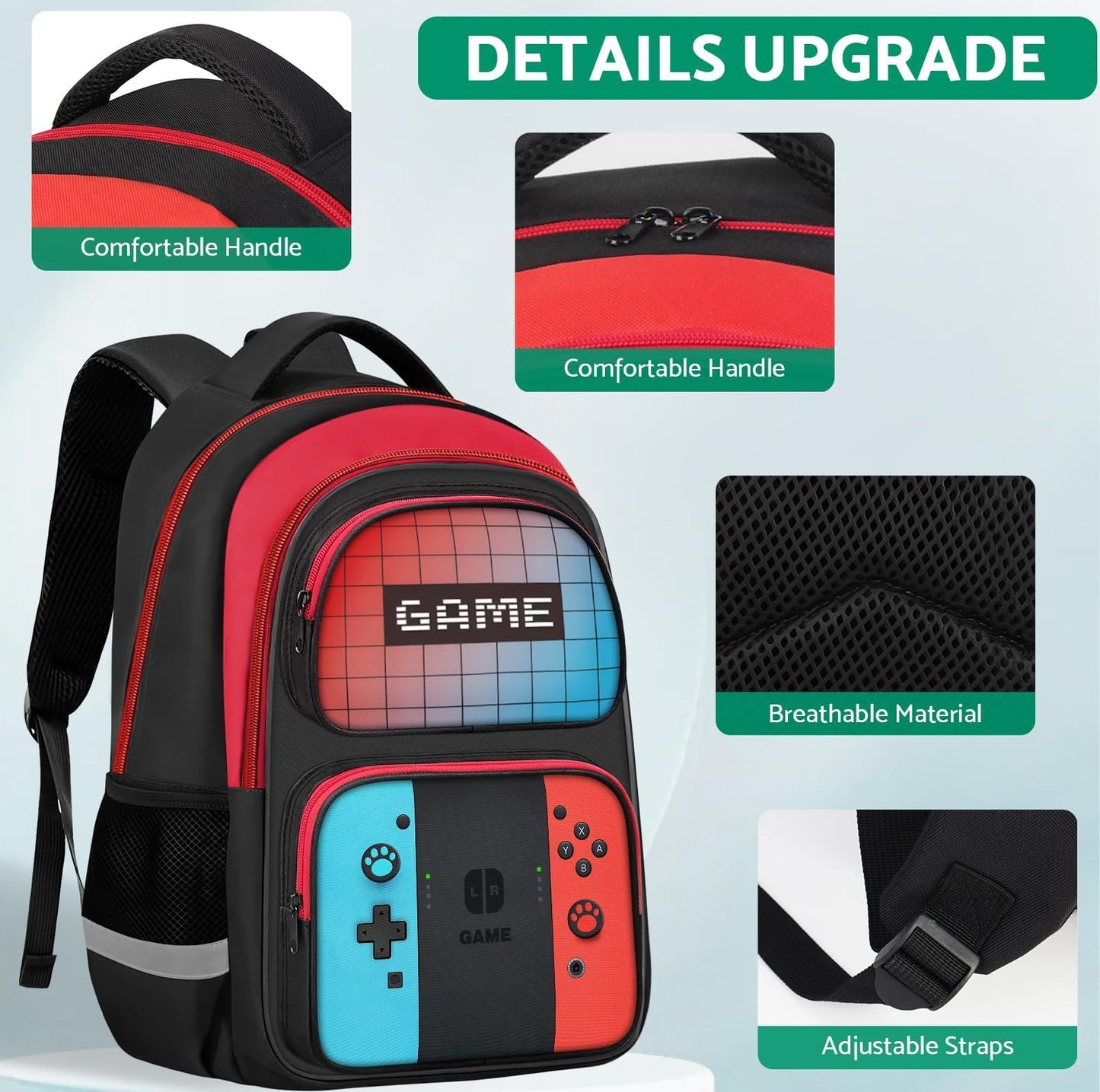 JIRAIKEI Kids Backpack for Boys,3pcs Boys Backpack with Lunch Box Set for Children Teens Elementary Middle School,Gamer Bookbag Ages 6-18,School Bookbag Travel Back Pack,17″ Large Capacity