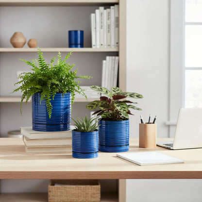 HASENSE 3 Piece Ceramic Plant Pots, 8/6/4.6 Inch, Indoor Pot for Plants with Drainage Holes and Saucer, Modern Flower Planter for Home Office, Rective Glaze Blue
