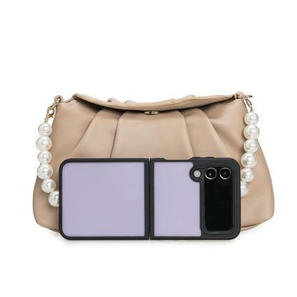 IXEBELLA PU Clutch Handbag for Women Evening Bag Formal Dressy Purse with Pearl Strap (Taupe)