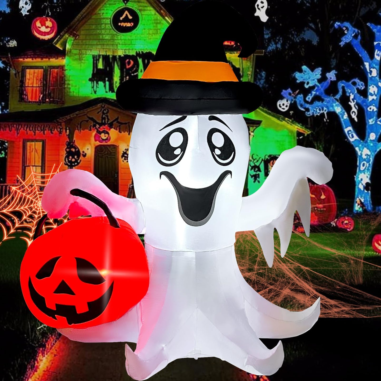 【2025 Latest Release】Halloween Inflatables Ghost Outdoor Decorations 5FT Ghost Pumpkin Inflatable with Build-in 2 LED Ghost Blow Up Yard Decoration Cute Ghost Blowup Decor for Party Garden Lawn