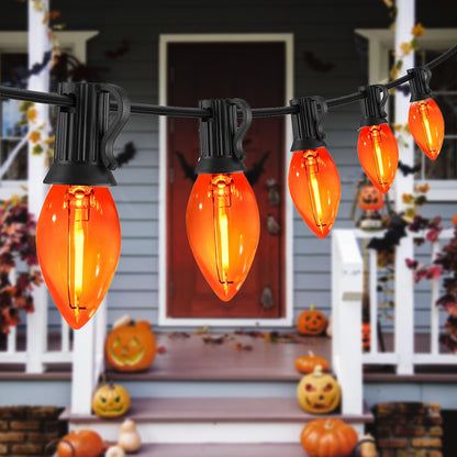 CHYParty 12FT Orange Halloween Lights Outdoor, C7 LED String Lights Plug in with Black Wire for Patio, Porch Railing, Walkway, Party Backdrop Decor