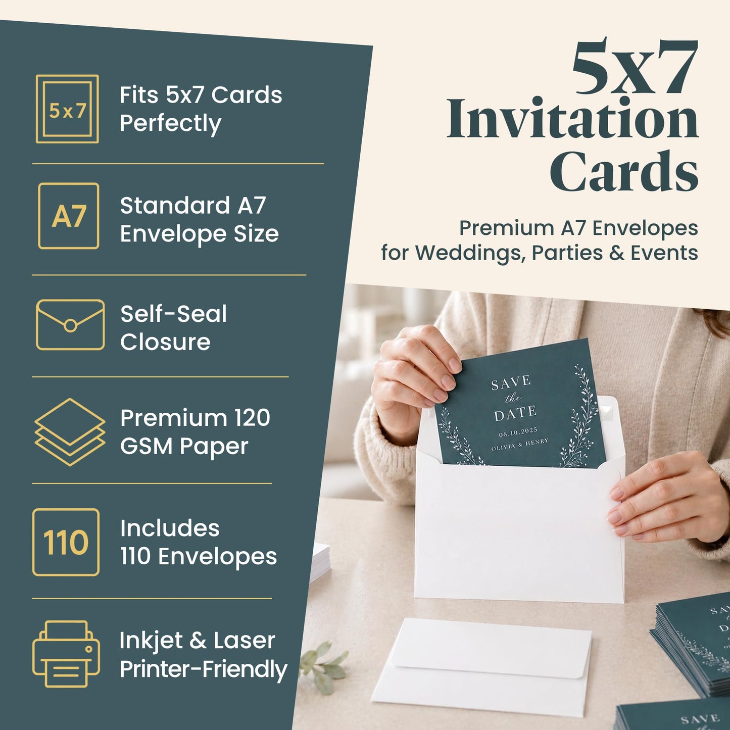 5x7 Envelopes for Invitations - 110 White Envelopes for 5x7 Cards - A7 - (5 ¼ x 7 ¼ inches) - Perfect for Weddings, Graduation, Baby Shower - 120 GSM - Peel, Press & Self Seal - Square Flap