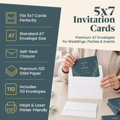 5x7 Envelopes for Invitations - 110 White Envelopes for 5x7 Cards - A7 - (5 ¼ x 7 ¼ inches) - Perfect for Weddings, Graduation, Baby Shower - 120 GSM - Peel, Press & Self Seal - Square Flap
