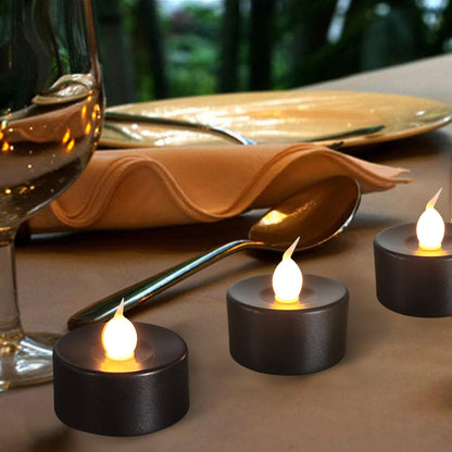 ODTRAM Black Tea Lights Candles Battery Operated: 12-Pack with Remote Control and Auto Timer, Realistic Flickering LED for Wedding, Halloween, Christmas & Home Decor