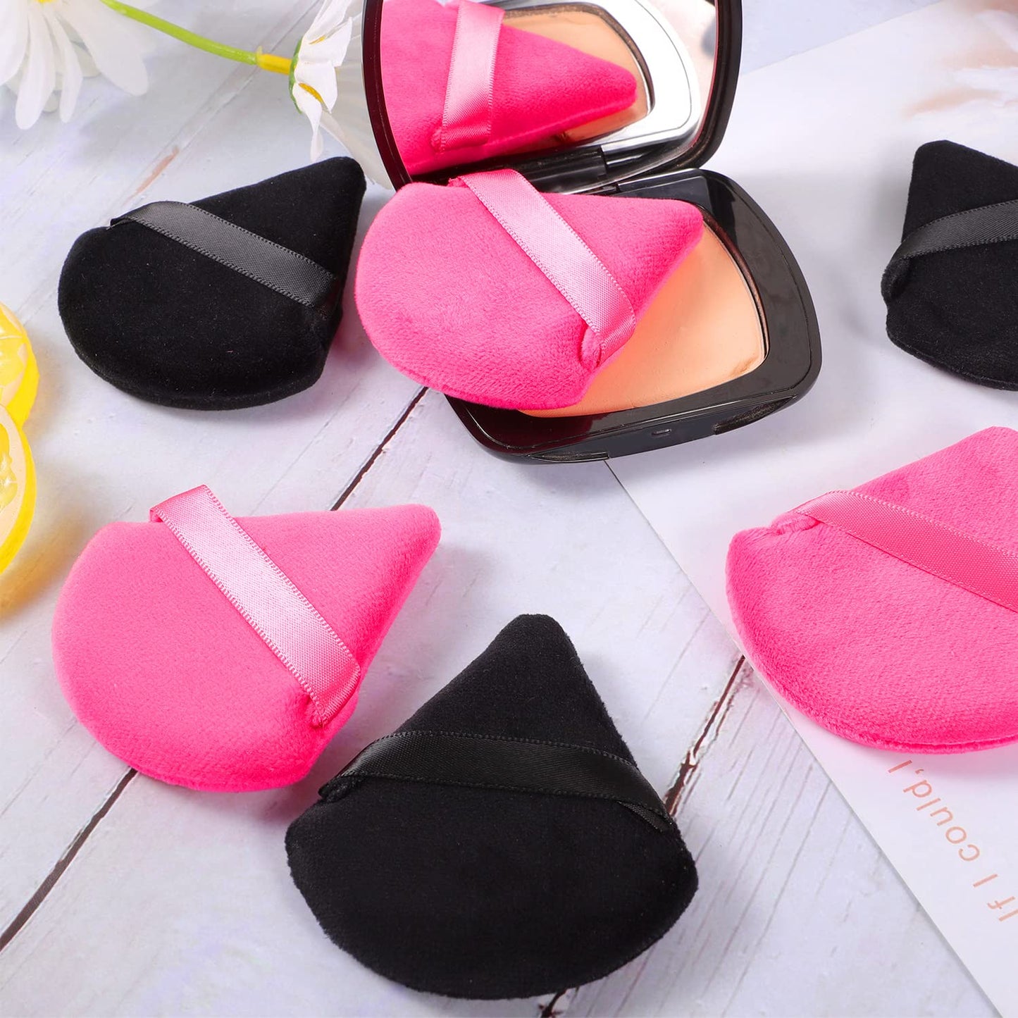 Pimoys 6 Pieces Powder Puff Face Makeup Sponge Soft Velour Triangle Powder Puffs Beauty Sponge Stocking Stuffers for Loose Powder (Black, Pink)