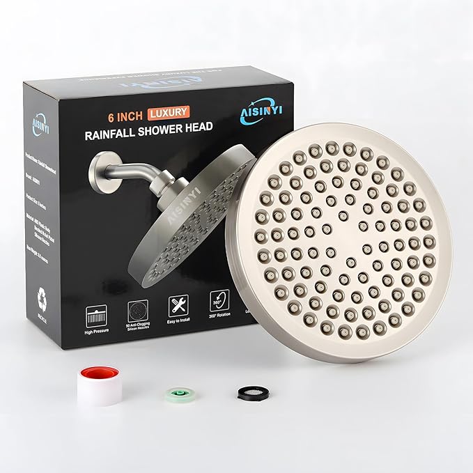 High Pressure Rainfall Shower Head, 6 Inches Luxury Showerhead with Perfect Adjustable Replacement, Removable Restrictor, Easy Installation for Your Bathroom Shower Heads (Brushed Nickel)