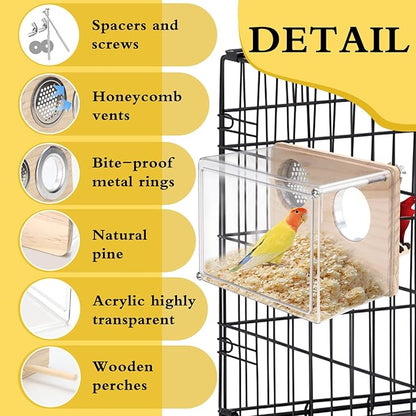 Parakeet Nesting Box for Cage, High-Transparent PET Parakeet Nest, Versatile Bird Houses for Canary, Lovebird and Parrot, Bird Boxes for Nesting with Wood Perch, Bird Cage Accessories (L, Rectangle)