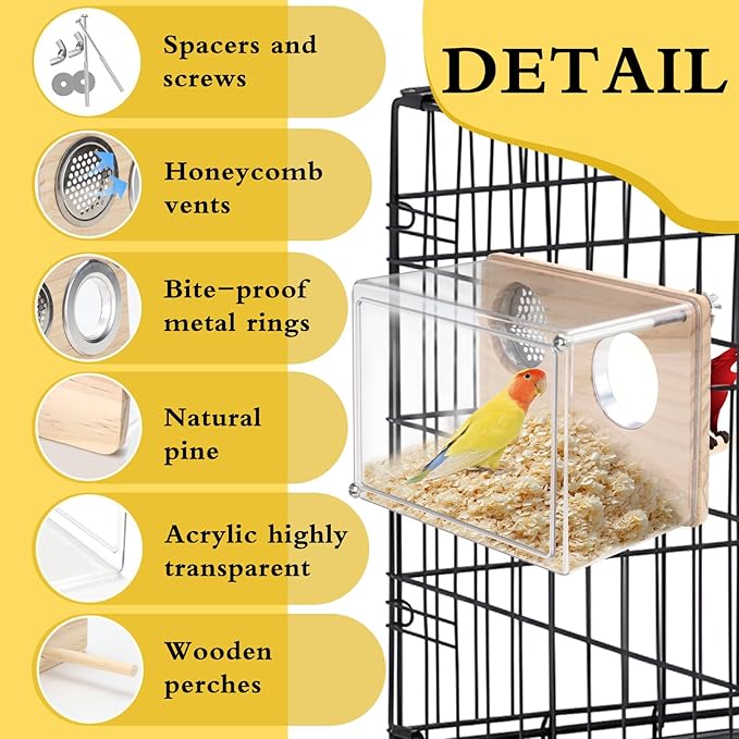 Parakeet Nesting Box for Cage, High-Transparent PET Parakeet Nest, Versatile Bird Houses for Canary, Lovebird and Parrot, Bird Boxes for Nesting with Wood Perch, Bird Cage Accessories (S, Rectangle)