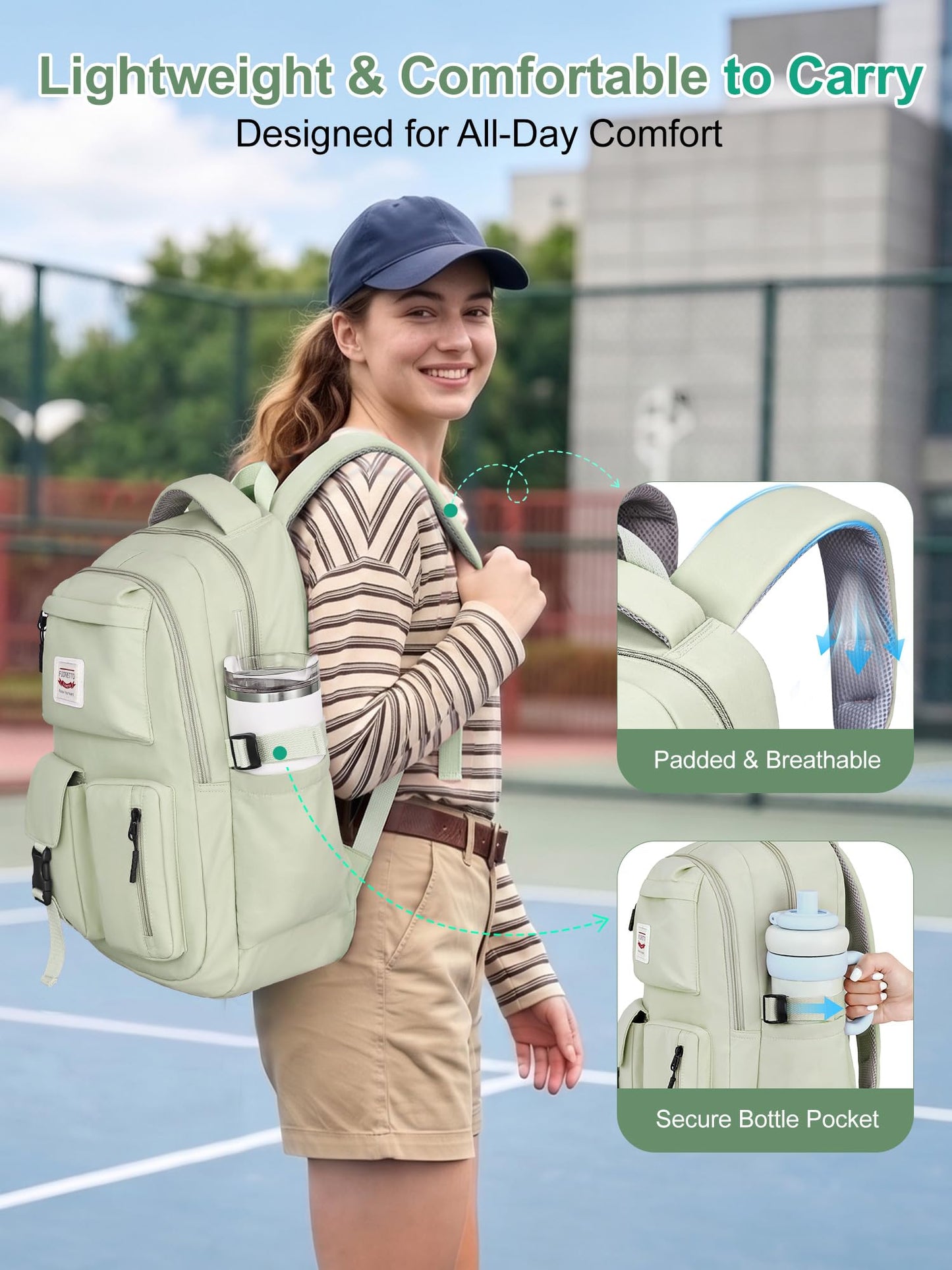 FIORETTO School Backpack for Teen Girls & Women with Compartment, Lightweight School Bag Bookbag with Multiple Pockets, Ideal for Middle High School, College, Travel, Green 25L