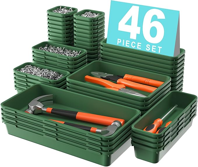 A-LuGei 【𝟰𝟲𝗣𝗖𝗦 & 5 Size Tool Box Organizer Tray Divider Set,【Army Green】 Desk Drawer Organizer,Garage Organization and Storage Toolbox Accessories Rolling Tool Chest Cart WorkBench Small Part