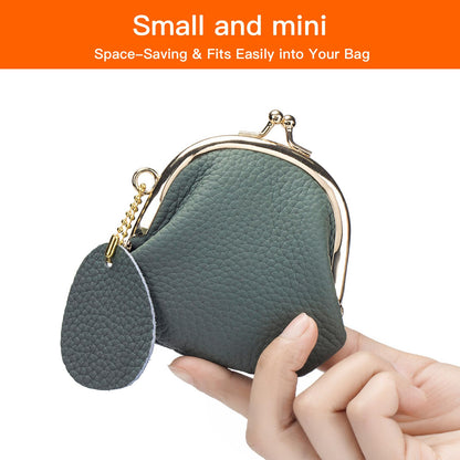 Leather Kisslock Coin Purse for Women, Compact Vintage Style Coin Pouch with Key Holder, Gift for Girls (Black)