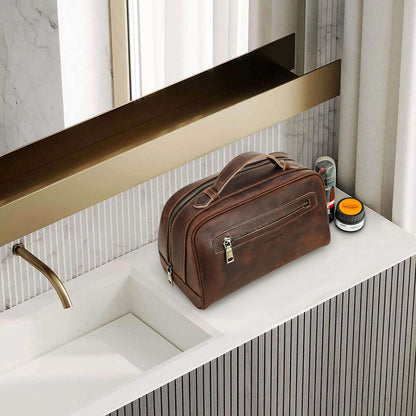 Contacts Full Grain Leather Travel Toiletry Bag for Men Wash Bag Bathroom Shaving Dopp Kit Toiletries Organizer Vintage Cosmetic Bag