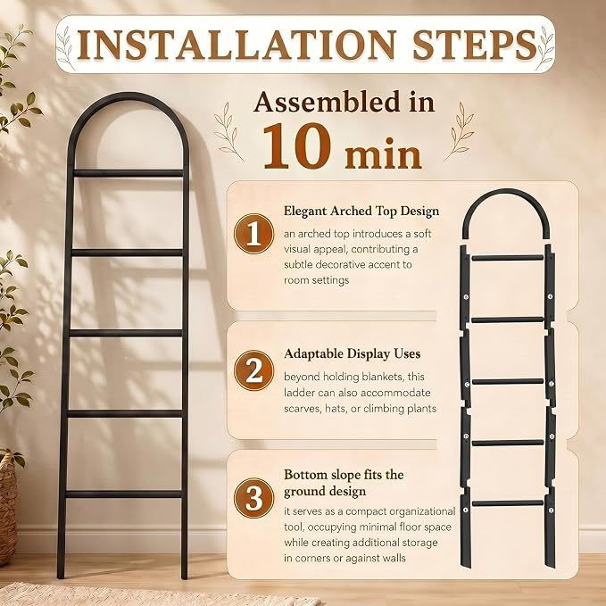 Sintuff Arched Blanket Ladder for Living Room, 5.5ft Wooden Blanket Rack, 5-Tier Natural Leaning Ladder Shelf for Farmhouse Bedroom Living Room Bathroom Decor (Arch,Balck)