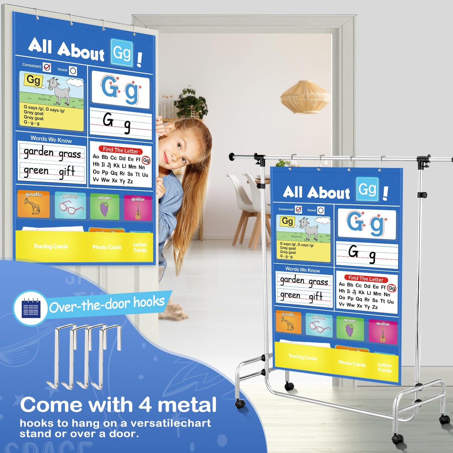 Torlam Alphabet Learning Pocket Chart Alphabet Wall Chart ABC Flash Cards Learning Games, Handwriting Practice Letter Tracing for Kids Homeschool Preschool Kindergarten Learning Activities Must Haves