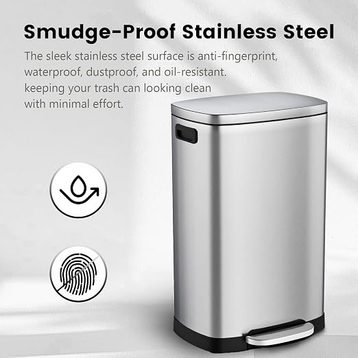 ELPHECO Kitchen Trash Can with Lid Soft Close,13 Gallon / 50L Stainless Steel Pedal Garbage Can, Heavy-Duty Fingerprint Proof Step Wastebasket with 20 Bags, Removable Bucket, Home Office, Silver