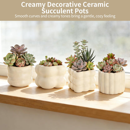 NIMBLOOM 4 PCS Ceramic Succulent Pots, Creamy Soft Shape Decorative Plant Pots Puffy Design Minimalist Sculpted Ceramic Planters with Drainage Hole and Anti-Slip Base for Cozy Home Decor