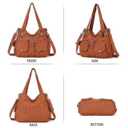 Angelkiss Women's Designer Handbag Large Double Zipper Multi Pocket Washed, Brown