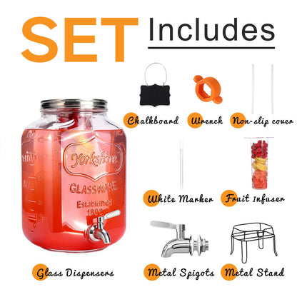 RuileMei 2 Gallon Glass Drink Dispenser,Beverage Dispenser with Stand,Lemonade Dispenser with 304 Stainless Steel Spigot Leakproof for Entertaining Guests, Picnic,Hosting Parties