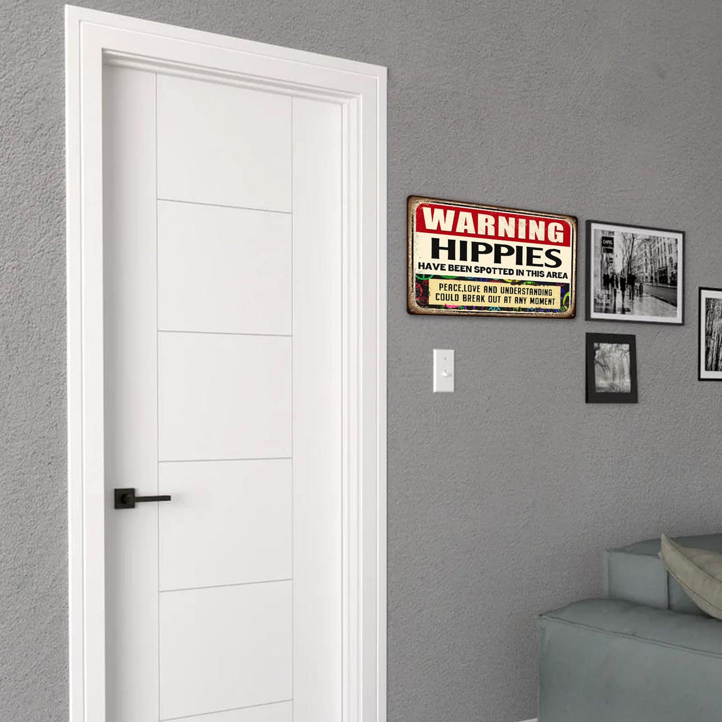 Hippie Metal Tin Sign Warning Signs Welcome Decorative Sign & Plaques Funny Hippies Use Side Door Signs Warning Hippies Have Been Spotted In This Area Sign Stone House Wall Decoration 8 X 12 In