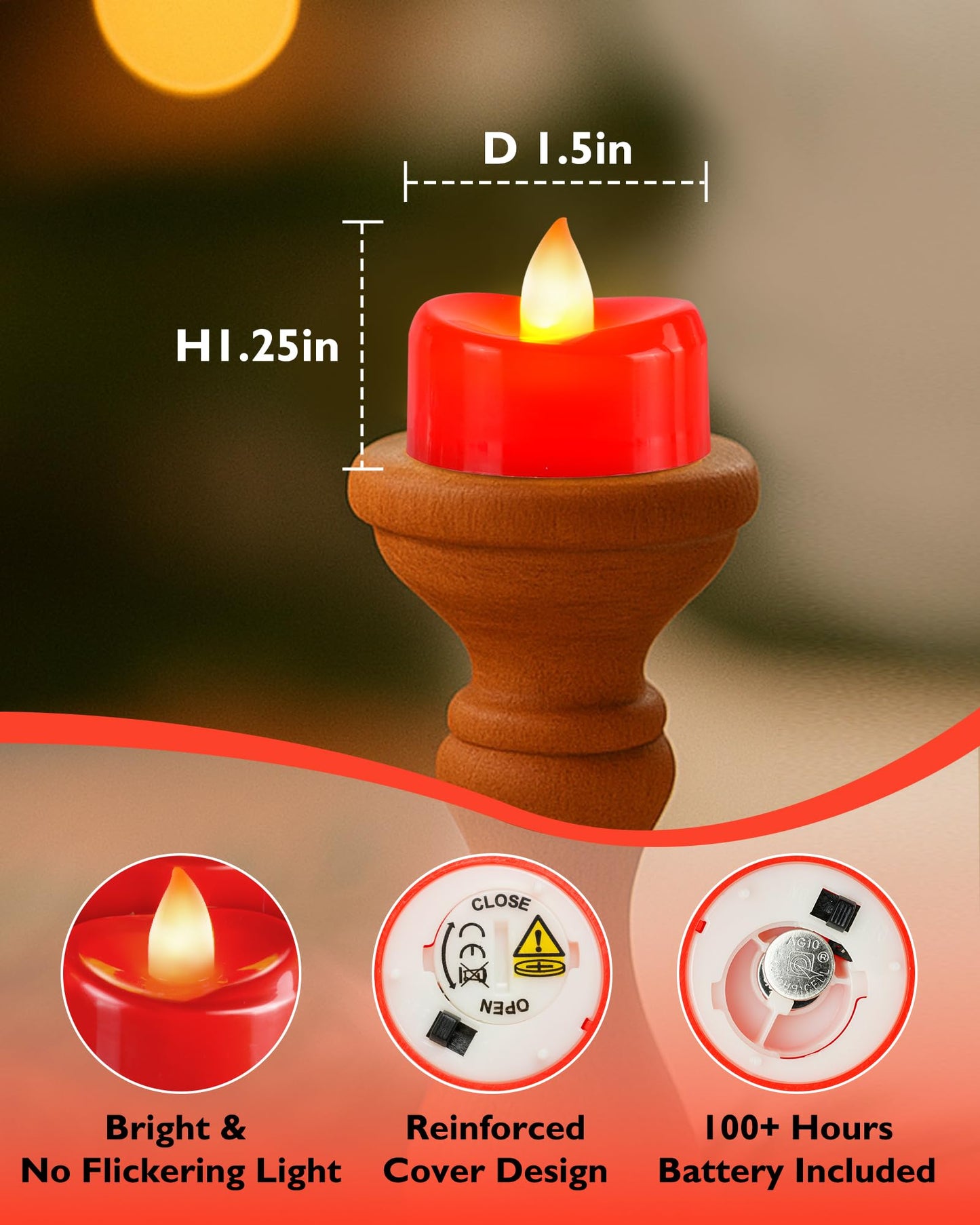 5plots Flameless Candles, 50Pcs Tea Lights Candles Battery Operated, Flameless Tealight Candles, Electric Tea Lights Votive Candles - Red - 1.5" x 1.25"- No Flicker