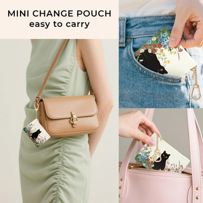 Sukyerios Black Cat Flower Floral Keychain Coin Purse for Women, Small PU Leather Change Pouch, Zipper Little Tiny Travel Wallet for Girls, Cute Kawaii Zip Pocket Coin Holder with Key Ring