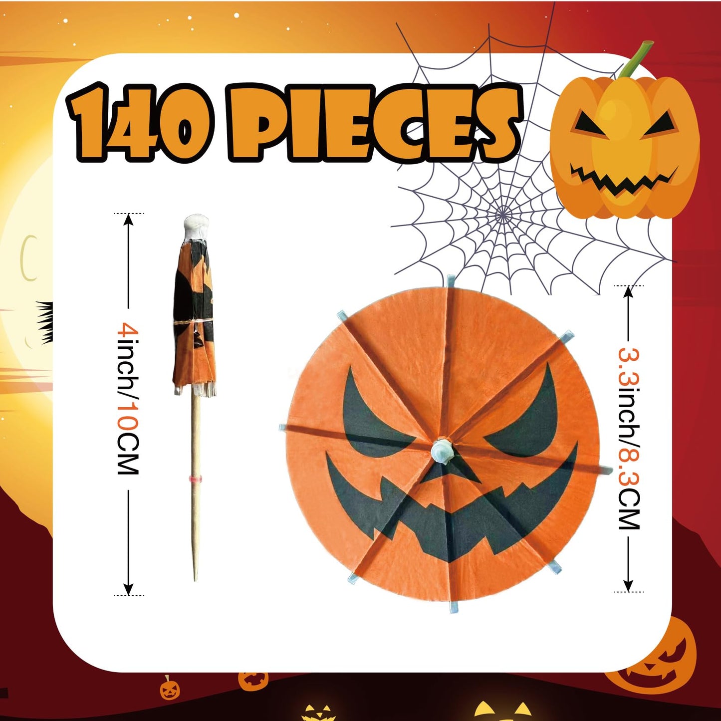 140 Pcs Halloween Pumpkin Cocktail Drink Umbrella Picks, 4 Inch Spooky Paper Toothpicks with Pumpkins Cocktail Umbrellas Fruit Dessert Cupcake Topper Sticks for Halloween Party Decorations (Orange)