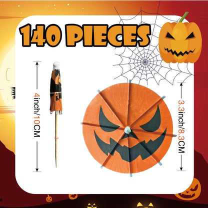 140 Pcs Halloween Pumpkin Cocktail Drink Umbrella Picks, 4 Inch Spooky Paper Toothpicks with Pumpkins Cocktail Umbrellas Fruit Dessert Cupcake Topper Sticks for Halloween Party Decorations (Orange)