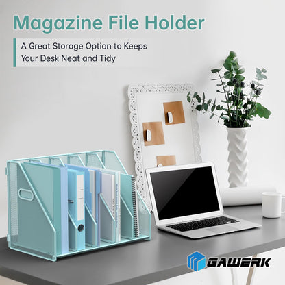 MINDEPOT Desk File Organizer Metal Desk Magazine Folder Holder with 5 Vertical Compartments Rack File Organizer for Office, Home, School (Blue)