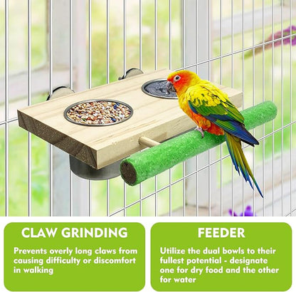 Tfwadmx Bird Feeding Dish Cups with Wooden Platform Hanging Stainless Steel Parrot Cage Feeder Bowl Wood Perch Stand for Parakeet Cockatiels Lovebirds Budgie (Medium)
