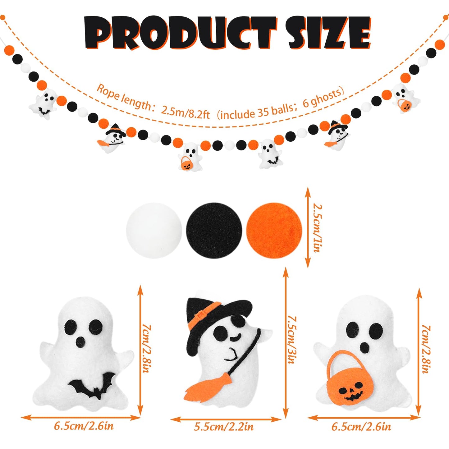 JarThenaAMCS 8.2Ft Halloween Felt Banner 3D Ghost Hanging Garland Black Orange White Pom Ball Banner for Trick or Treat Birthday Home Mantel Wall Window Party Supplies