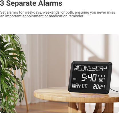 11.5” Extra Large Digital Wall Clock with Date and Day of Week , Electric Desk Clock for Seniors, Large Display Alarm Clock for Bedroom with Battery Backup, 5 Dimmer, 2 USB Ports, Indoor Temp, 12/24H