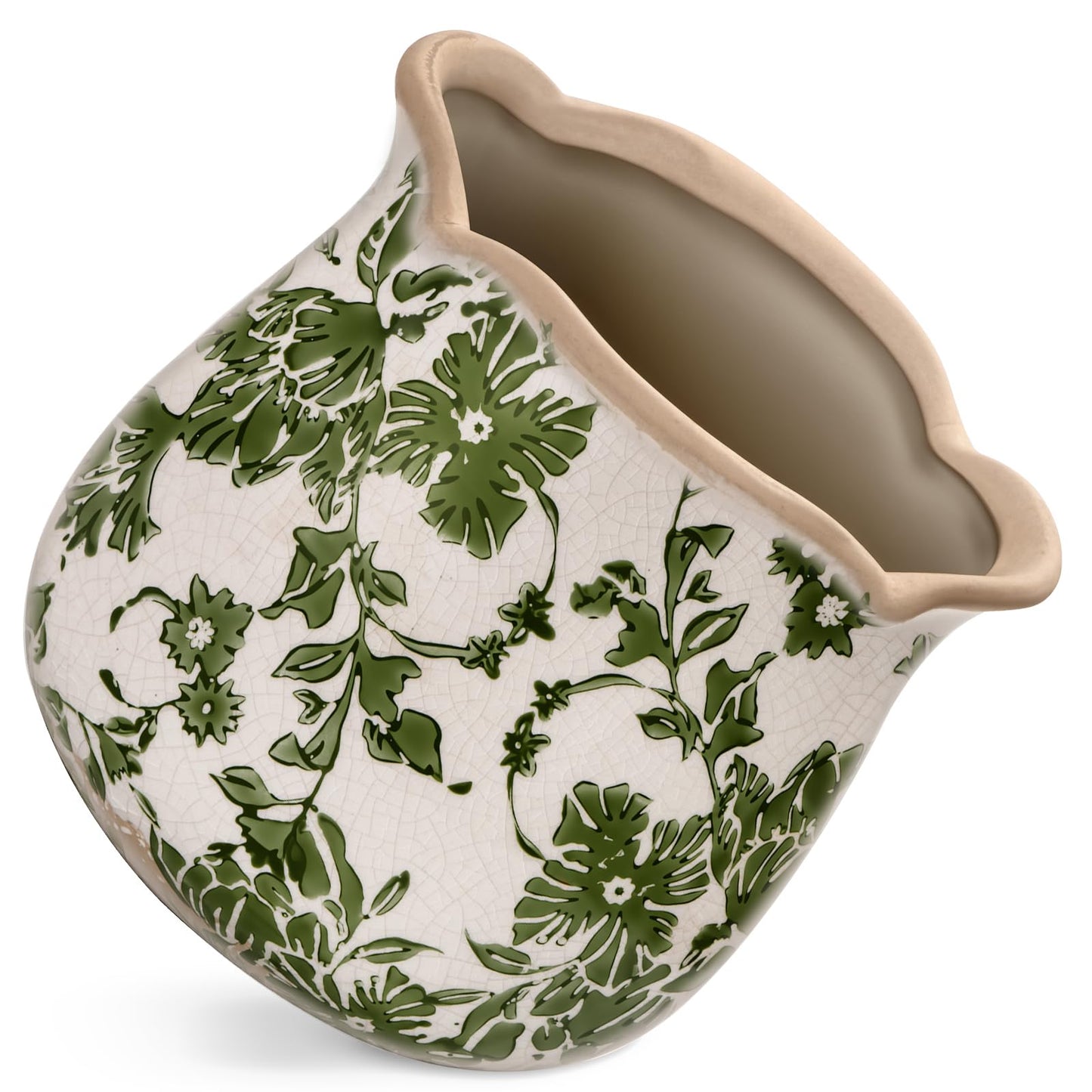 behen bahen Vintage Ceramic Planter Pot with Drainage Holes, Green Floral Design, 6.11 Inch, Distressed Tuscan Style, Indoor Plant Pot and Vase (Green)