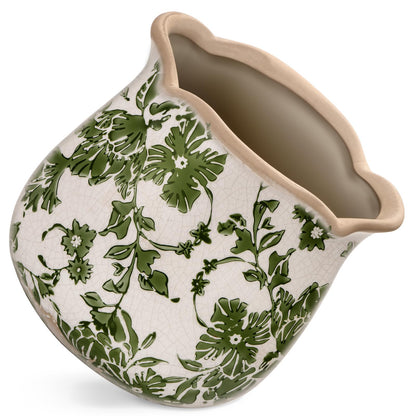 behen bahen Vintage Ceramic Planter Pot with Drainage Holes, Green Floral Design, 6.11 Inch, Distressed Tuscan Style, Indoor Plant Pot and Vase (Green)