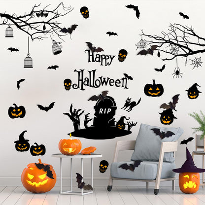 Happy Halloween Wall Decals DIY Black Tree Branches Bat Wall Stickers Funny Boo Pumpkin PVC Home Decal Self-Adhesive Festival Decoration for Holiday Home Party Classroom Office