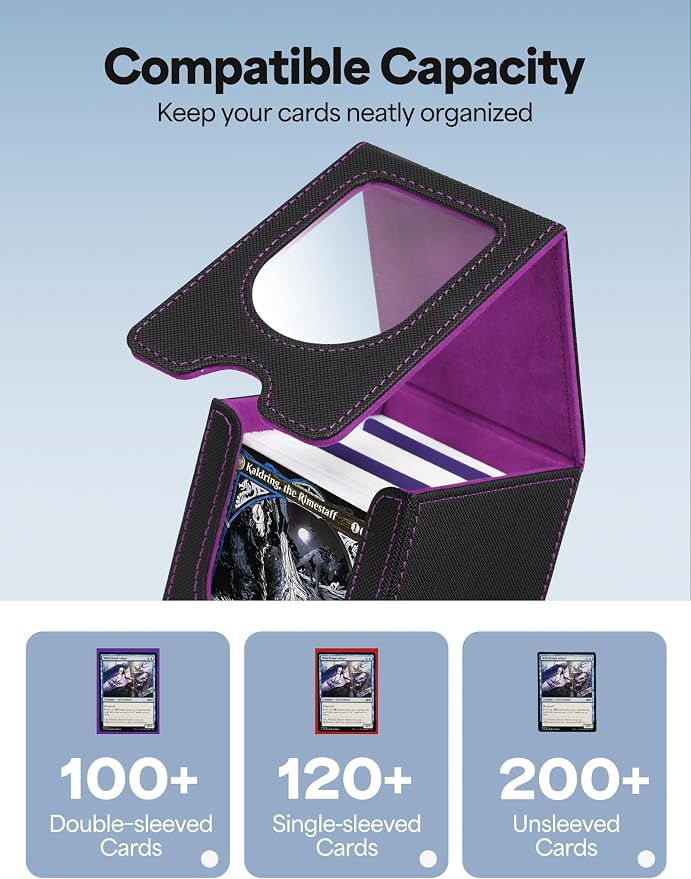 Card Deck Box for MTG Commander, Card Case Holds 100+ Double-Sleeved Cards, Magic Card Box Fits for TCG/PTCG/CCG Card with 2 Dividers (Black&Purple)
