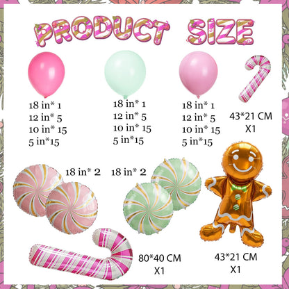 Christmas Balloon Garland Arch kit light magenta green pink balloon with Gingerbread Balloon Cane Candy Foil Balloons for Christmas Party Decorations Xmas New Year Birthday Party Supplies