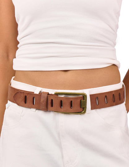 LyzerMia Womens Genuine Leather Belt for Jeans Pants Width 1.57" Western Cowgirl Wide Belts for Ladies with Gift Box, Tan, Fit for Low Waist 30"-34"