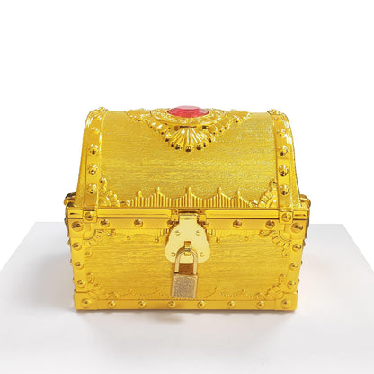 Pemalin Kids Pirate Treasure Chest Large Size Storage Box, Gem-encrusted Gold Decorative Chest with Lock and Key for Kids Birthday, Halloween, Christmas Pirate Party Favors