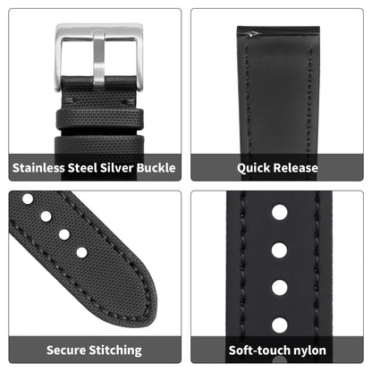 JUNGHELE Nylon watch band for men and women,Quick Release Premium Oxford Waterproof Fabric Weave Back Lining Leather Nylon watch strap with Stainless-Steel Buckle,Black 22mm watch band