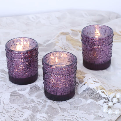 VOHO 12pcs Sunflower Purple Votive Candle Holders for Table Centerpiece, Mercury Tealight Candle Holder for Wedding Decor, Boho Tea Light Candle Holder Glass Gifts for Easter Halloween(2.1x2.6 In,W/H)