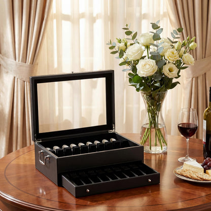 DoubleFill 2 Layer Leather Silverware Storage Box with Lid and Handles, Anti Tarnish Silverware Storage Chest Case with Felt-lined for 12-16 or More Sets of Utensils Flatware Gifts, 15.3x11.2x5.7 Inch