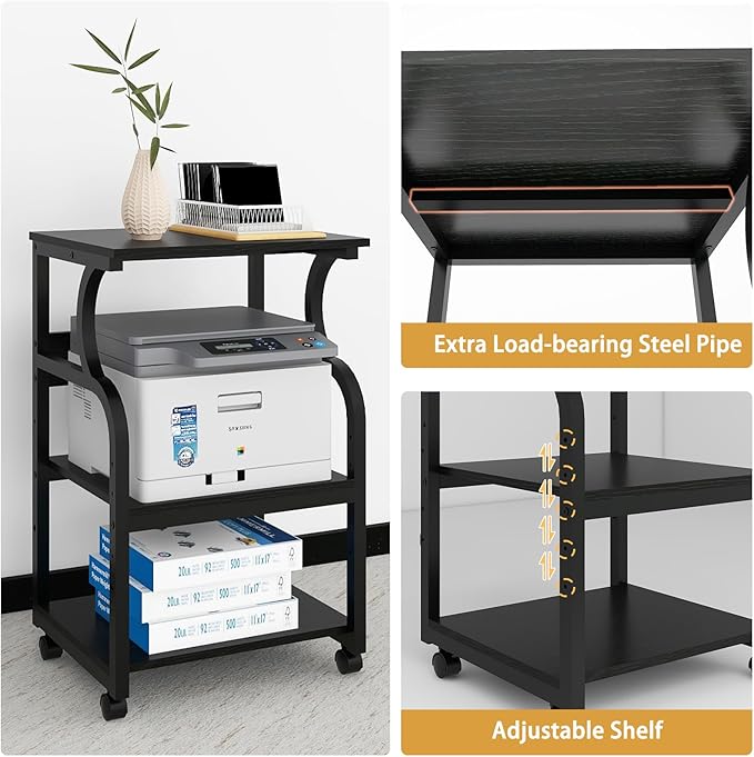 Natwind 3 Tier Printer Stand,Rolling Printer Table with Adjustable Storage Shelf for Home Office Organization,Multifunctional Shelves for Heat Press,3D Printer (Black)