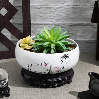 DOITOOL Lotus Bowl Planter, 6.9 Inch Water Lily Bowl Chinese Style Ceramic Lotus Planter, Bonsai Flower Water Lily Pot Hydroponic Pot with Plastic Base