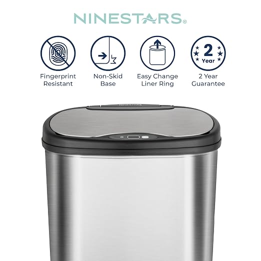Ninestars 13 Gallon Oval Automatic Trash Can, 50L Touchless Motion Sensor Garbage Can with Odor-Sealing Lid & One-Touch Manual Mode, Silver Stainless Steel, Black Trim
