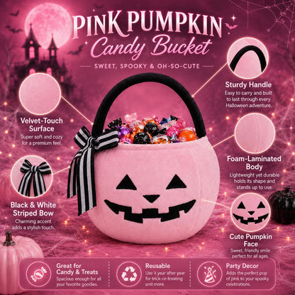 RattanView 2 Pack Halloween Pumpkin Candy Bucket Pink Lantern Treat Bag 8 x 6.3 Inch Trick or Treat Basket with Embroidered Face Striped Bow Handle for Halloween Costume Accessories Candy Gift Bag