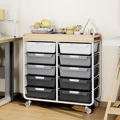 10 Drawers Rolling Cart with Wooden Tabletop, Utility Storage Cart with Wheels, Art Supply Craft Organizer on Wheel with Metal Frame & Handles for Home Office School,Grey