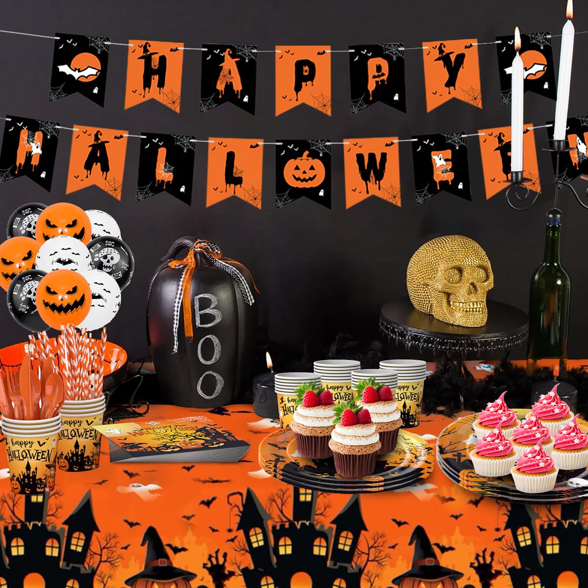 212Pcs Halloween Party Supplies Tableware Set for 24 Guests Disposable Pumpkin Ghost Themed Dinnerware Includes Paper Plates Napkins Cups Forks Knives Spoons Halloween Balloons, Banner & Tablecloth